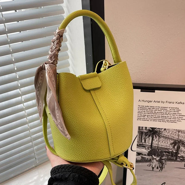 Camille Garnier Bucket Bag with Braided Handle and Scarf Accent
